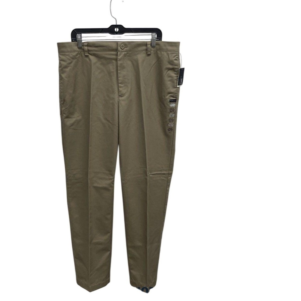 Van Heusen Khaki Slim Fit Flat Front Chino Dress Pants 36x32 No Iron Flex Waist